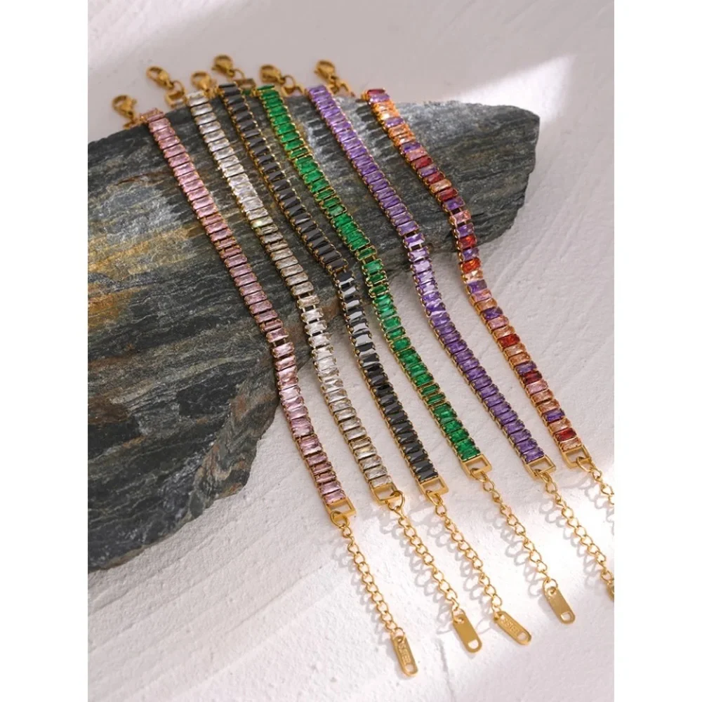 Zara Rainbow Emerald Cut Rectangle Multi-Color Baroque Crystals Bead Bracelet